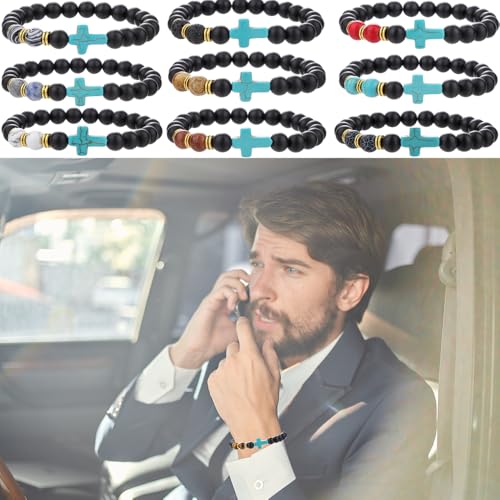 Beaded Bracelets Cross Bracelet for Women Men Lava Rock Turquoise Tiger Eye Natural Bracelet Anxiety Healing - color: 10 Pcs- Z (green cross)