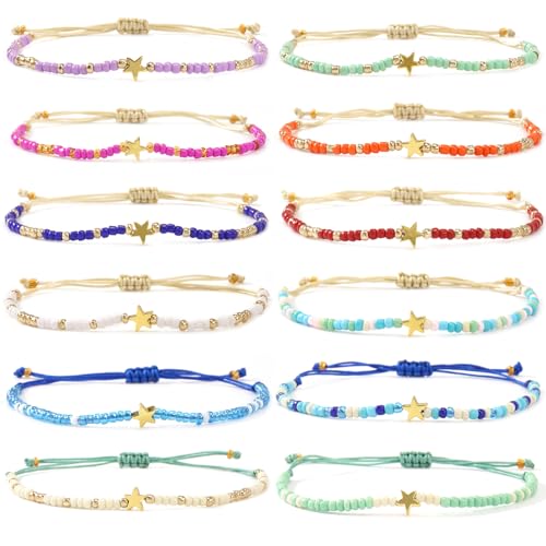 Colorful Stackable Rice Small Mini Seed Beaded Bracelets Set For Women, Handmade Dainty Boho Gold Glass Stretch Accessories Jewelry,Summer Beach Party Daily Friendship Gift - color: 12Pcs Star