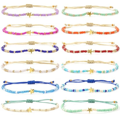 Colorful Stackable Rice Small Mini Seed Beaded Bracelets Set For Women, Handmade Dainty Boho Gold Glass Stretch Accessories Jewelry,Summer Beach Party Daily Friendship Gift - color: 12Pcs Star