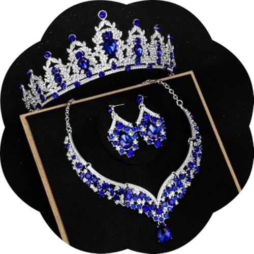 Crowns and Tiaras jewelry sets for Wedding princess birthday party Halloween Prom Pageant Jewelry for Women Crystal Bridal Jewelry Set for women - color: Silver Blue