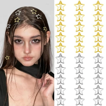 Star Hair Clips 2000s Y2K Gold Silver Star Hair Accessories Snap Hair Barrettes Non Slip Metal Hair Clips for Girls Women -30 PCS 1.18" - color: 30 P -1.18"-gold,silver