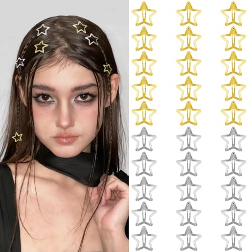 Star Hair Clips 2000s Y2K Gold Silver Star Hair Accessories Snap Hair Barrettes Non Slip Metal Hair Clips for Girls Women -30 PCS 1.18" - color: 30 P -1.18"-gold,silver