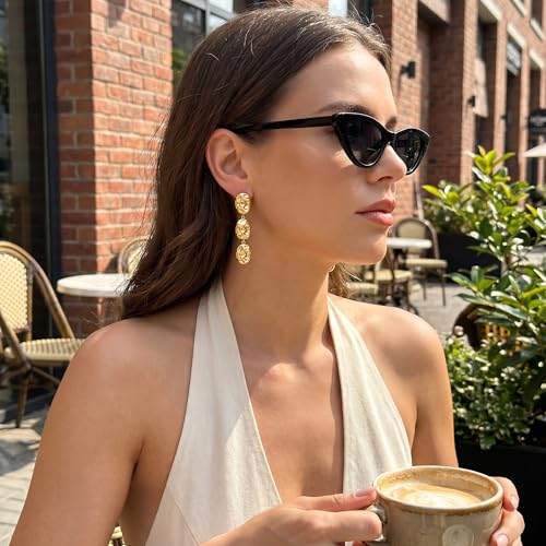 Gold Dangle Earrings for Women,Chunky 14K Gold Plated Drop Dangle Stud Earrings Long Statement Hammered Earring Hypoallergenic Jewelry for Women Gifts - style: Round Hammered-GD