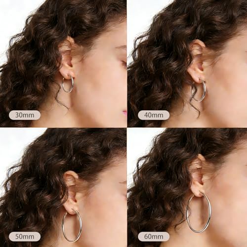 4/6 Pairs 14K Gold Plated Silver Hoop Earrings Set for Women Hypoallergenic | 30 40 50 60 mm, Lightweight Thin Hoops, 316L Surgical Stainless Steel for Sensitive Ears, Everyday Wear to Evening Outfits - color: 4 Pairs(30/40/50/60mm)-Silver