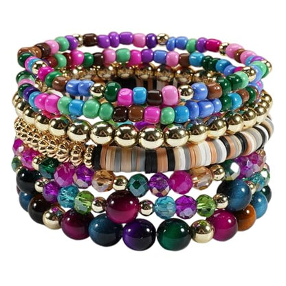 7/12Pcs Set Bohemian Stackable Crystal Seed Beaded Elastic Stretch Bracelet Multilayerd Handmade Brass Bead for Women Jewelry Surfer Heishi Polymer Clay Layering - color: colorful