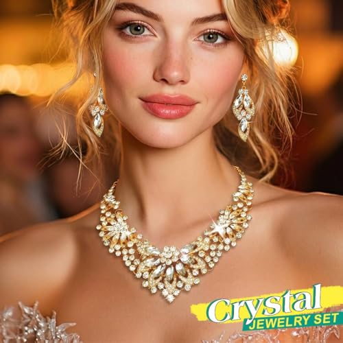 Yonamix Gold Jewelry Set Wedding Rhinestone Necklace Sets for Women | Formal Prom Dinner Party Gala Night Crystal Flower Necklaces Earrings - color: A Gold