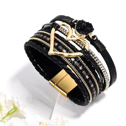 VIBILIA Boho Leather Wrap Bracelets for Women Multi-Layer Bracelets | With Strong Clasp Jewelry for Women - color: 01-Heart-Black