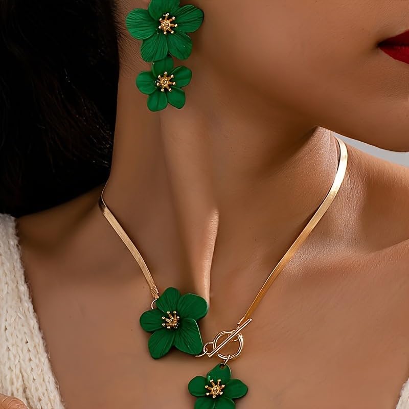 Colorful Flower Necklace Earrings Set for Women Gold Snake Chain Toggle Clasp Pendant Necklaces Dainty Double Flowers Statement Earrings Bridal Wedding Summer Beach Jewelry for Women - color: green