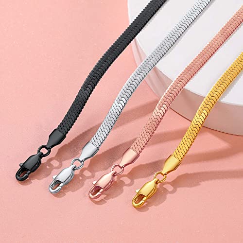 FindChic Elegant Herringbone Snake Chain Anklets/Bracelets 3MM/5MM Width Stainless Steel/18K Gold/Rose Gold Plated/Black 4 Color Options, 8.3'' 8.5'' 10.5'' Length, with Gift Box - color: A: 5mm 8.5'' anklet (Black)
