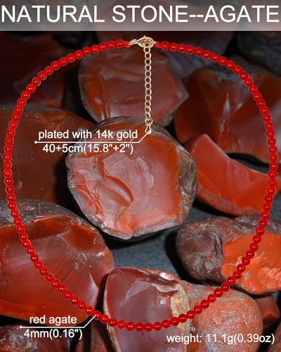 Simple 4mm Gemstones and Crystals Choker Necklace Unisex 16"-18" | Necklaces for Women Men, Adjustable, 40-45 cm Chain Length, Handmade, Spiritual Gemstones, Positive Energy, Daily Wear - style: Red Agate