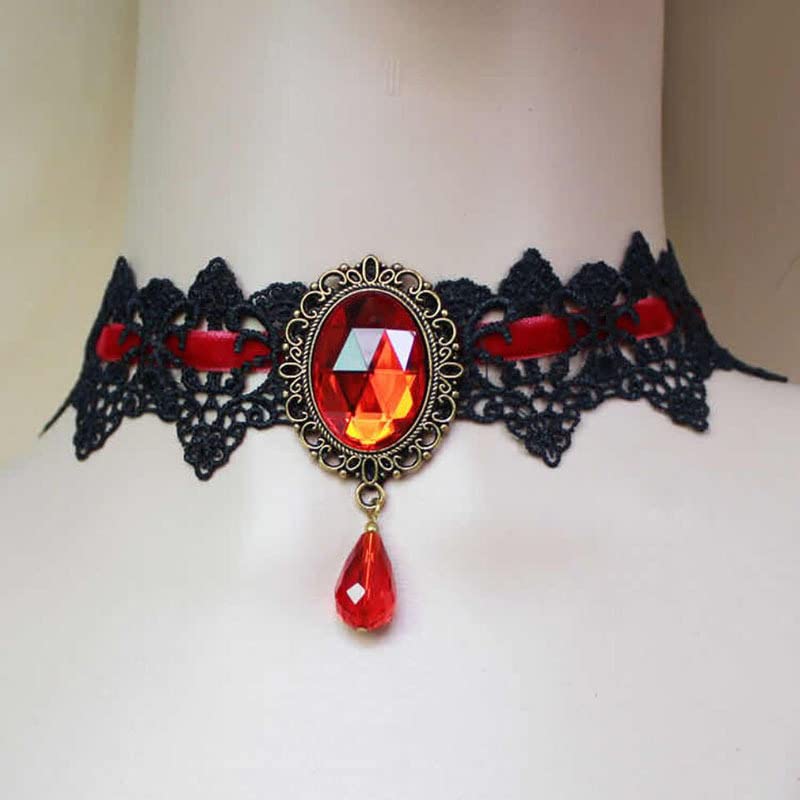 CSIYANJRY99 Gothic Choker Necklace for Women Halloween Red Crystal Vampire Choker Steampunk Lace Choker Witch Costume Accessories - style: Red