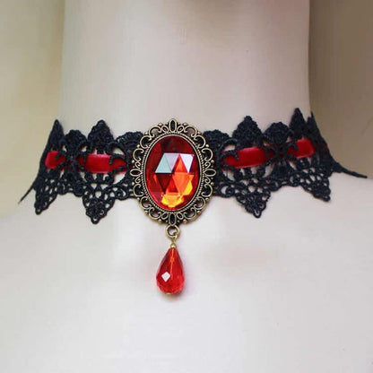 CSIYANJRY99 Gothic Choker Necklace for Women Halloween Red Crystal Vampire Choker Steampunk Lace Choker Witch Costume Accessories - style: Red