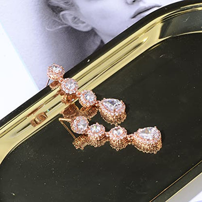 Women's Cubic Zirconia Bridal Earrings - Elegant Long Wedding Party Prom Earring for Bride Bridesmaids Crystal CZ Rhinestone Chandelier Statement Dangle Drop Earrings for girls - color: Clear-rose gold
