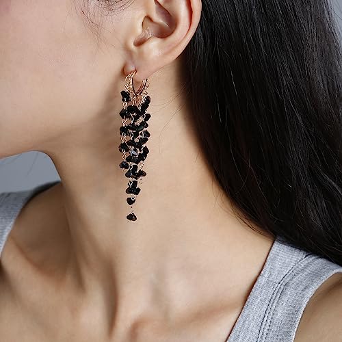 Fringe Hoop Dangle Earrings, Long Beads Tassel Chain Earrings for Women Sparkly Chandelier Earrings - color: Black