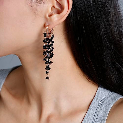 Fringe Hoop Dangle Earrings, Long Beads Tassel Chain Earrings for Women Sparkly Chandelier Earrings - color: Black