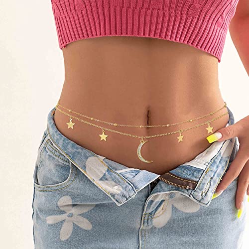 Waist Chain Silver Beads Belly Chain Gold silver Women Dainty Body Jewelry Accessories - color: gold star moon - 30 + 8 in