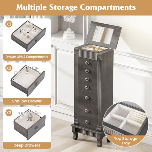 Giantex Standing Jewelry Cabinet with 7 Drawers, Flip-Top Mirror, 2 Side Doors with 12 Necklace Hooks, Divided Ring Compartments, Velvet-Lined Jewelry Armoire Organizer Chest (Weathered Gray) - color: Weathered Gray