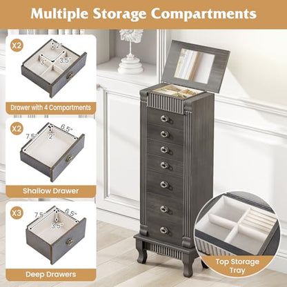 Giantex Standing Jewelry Cabinet with 7 Drawers, Flip-Top Mirror, 2 Side Doors with 12 Necklace Hooks, Divided Ring Compartments, Velvet-Lined Jewelry Armoire Organizer Chest (Weathered Gray) - color: Weathered Gray