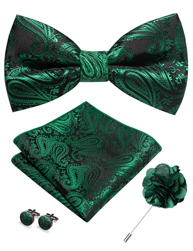 JEMYGINS Mens Paisley Bow Tie and Lapel Pin Necktie Pocket Square and Tie Clip with Sets for Business Casual 4PCS - color: Green