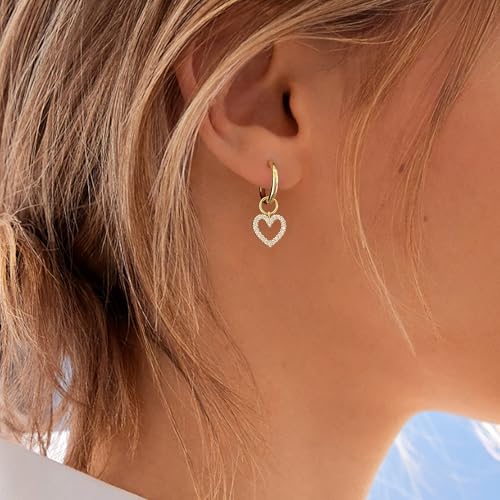 DAILY VIBES Cute Butterfly Star Cross Heart CZ Dangle Earrings for Women | 925 Sterling Silver Post, 14K Gold or Silver Plated, Mini Cubic Zirconia Dainty Drop, Cartilage Small Huggie Hoop Earrings - color: Gold Heart CZ
