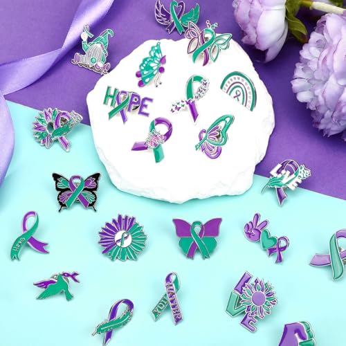 SANNIX 60Pcs Suicide Prevention Awareness Pins, Suicide Awareness Lapel Pin Purple Teal Ribbon Brooch Badges for Social Public Charity Event Party Favors - style: Suicide Prevention Awareness
