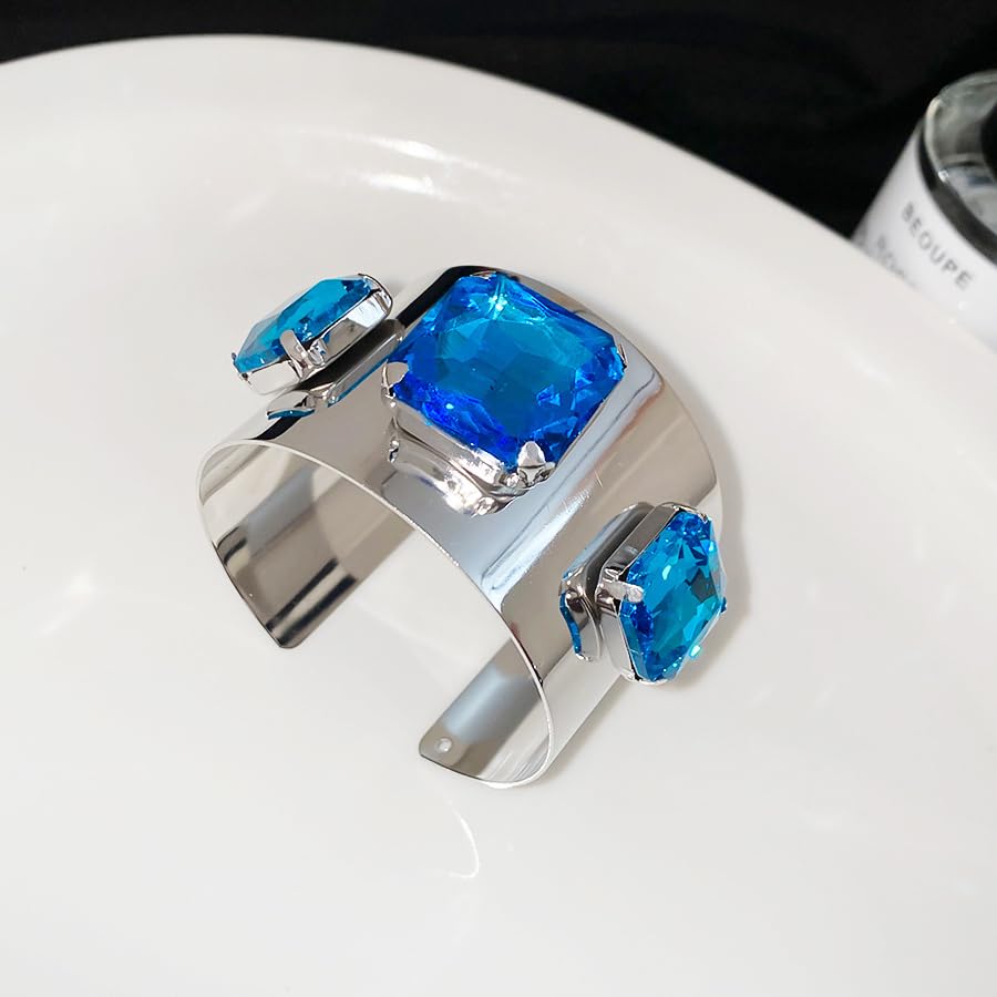 Punk Square Crystal Open Bracelet for Women Fashion Wide Cuff Bangle Bracelets Shiny Rhinestone Rectangle Charm Bangle Geometric Statement Jewelry Gifts - color: Blue