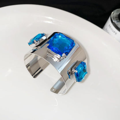 Punk Square Crystal Open Bracelet for Women Fashion Wide Cuff Bangle Bracelets Shiny Rhinestone Rectangle Charm Bangle Geometric Statement Jewelry Gifts - color: Blue