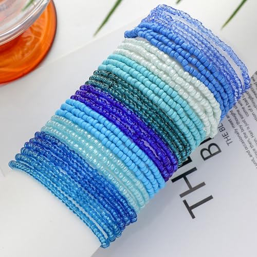 16-30Pcs Handmade Bohemian Colorful Crystal Seed Beads Stackable Adjustable Elastic Stretch Multilayerd Bracelets for Women Summer Vacation Beach Boho Bangle Jewelry - color: blue