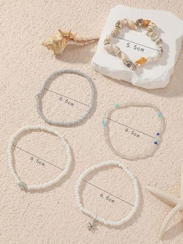 Qceasiy Starfish Ankle Bracelets for Women, Boho Beaded Beach Anklets Set | Gold-plated layered anklets in seashell, disc, and conch styles, with stretch or adjustable fits for summer beach outfits. - color: White 1