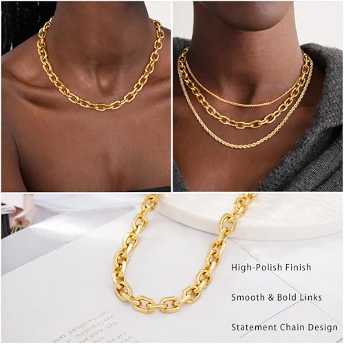 Gold Necklace for Women Chunky 14K Gold Plated Chain Necklace | Chunky Gold Necklace,Simple Paperclip Chain, Statement Choker Necklace,Non Tarnish,Trendy Jewelry,Gifts for Women - style: 10mm-paperclip chain-gd-1