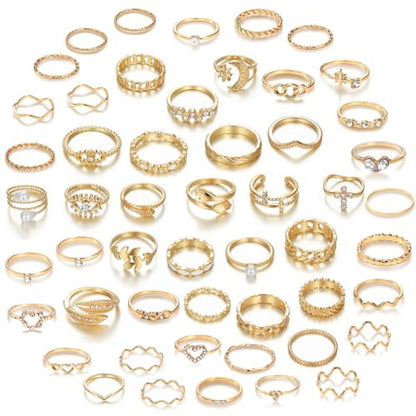 CHICUTIE Gold Knuckle Rings Set For Women Stackable Joint Finger Midi Rings Dainty Cubic Crystal Zirconia Simple Hollow Twist Cute Rings Pack Jewelry Gift - style: 52pcs Gold