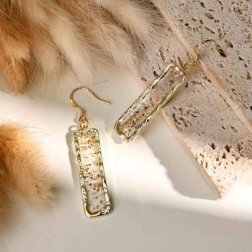 Gold Rectangle Dangle Earrings - Handmade Resin with Abalone Shell Pieces, Unique Drop Earrings