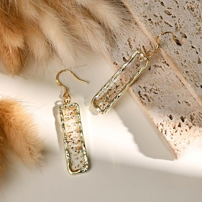 Gold Rectangle Dangle Earrings - Handmade Resin with Abalone Shell Pieces, Unique Drop Earrings