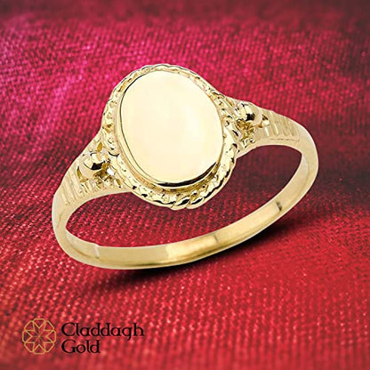 10K Yellow Gold Engravable Oval Signet Ring with Rope Halo and Textured Tapered Band