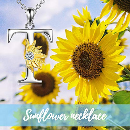 POPLYKE Initial Sunflower Necklace for Women 925 Sterling Sliver Sunflower Pendant Necklace Letter Initial Pendant Chain - style: Sunflower T