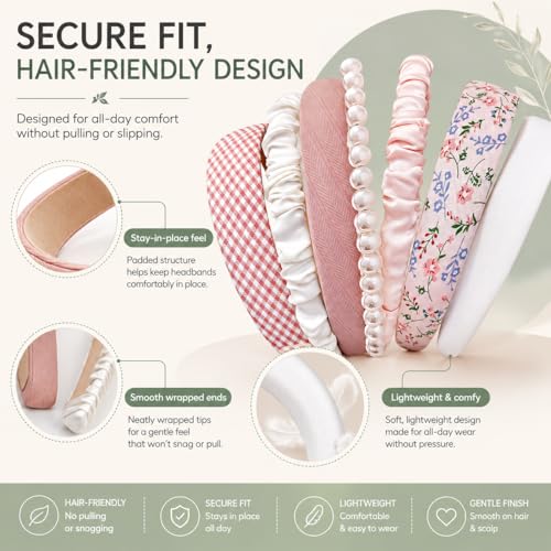 7 Pcs Cute Multi-style Headbands, Non Slip Pearl Floral Padded Wide Fashion Multi-style Headband for Women Girls