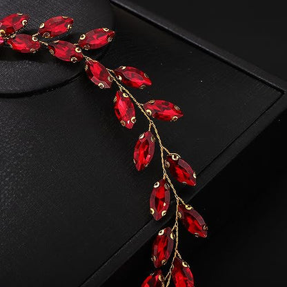 Teyglen Bride Wedding Crystal Hair Vine Headband - Bridal Accessories Handmade Rhinestone Headpiece for Women and Girls (Red) - color: Red