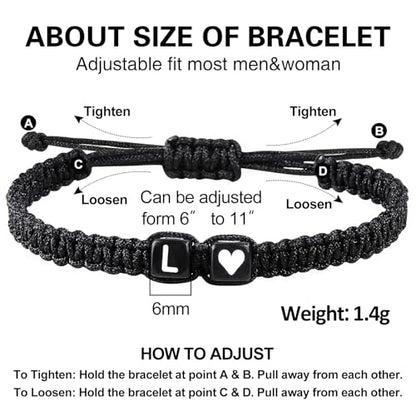 Valentines Day Gifts for Him Her Heart Love Letter Initial Matching Couple Bracelets for Women Men Teen Gifts Best Friend Graduation Birthday Gifts A-Z Braided Bracelet Son Daughter Dad Jewelry - color: Black-L