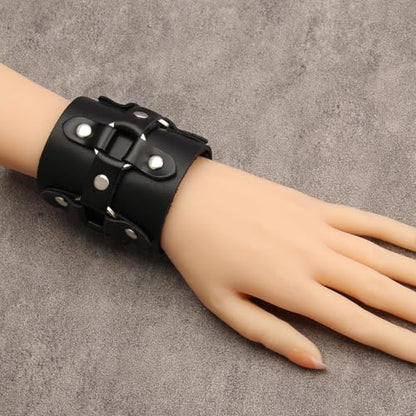 GelConnie Leather Cuff Bracelet for Men Women Wide Leather Wristband Thick Viking Mens Leather Bracelets Gothic Wrist Band Vintage Rock Wristband - style: Leather Wrap Cuff