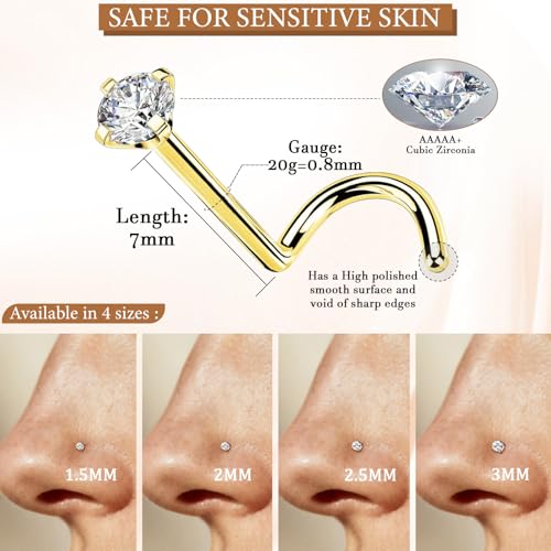 15PCS 14K Gold Plated Nose Rings Studs Set for New Piercing Beginners - color: 8pcs/Screw/20G/Gold