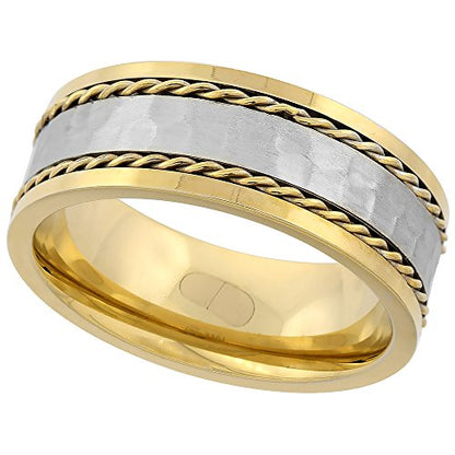 Sabrina Silver Stainless Steel 8mm Wedding Band Ring Double Rope Inlay Hammered Center Two-Tone Gold Sizes 8-14