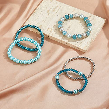 Noessla Beaded Pearl Stretch Bracelet Silver Stackable Crystal Beads Bracelets Trendy Costume Jewelry Mothers Day Gifts for Women - color: Turquoise