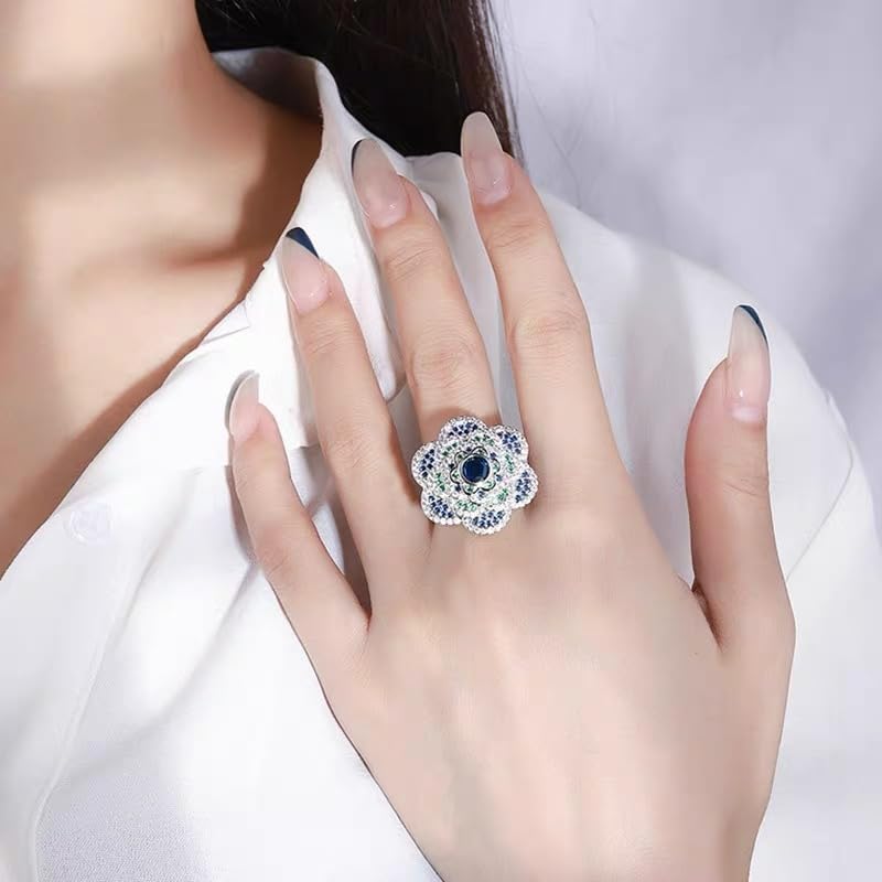 Cocktail Rings Silver Rose Flower Ring for Women Adjustable 18K Gold Plated Snowflake Open Wrap Wedding Statement Valentine Gift for Lover Wife Christmas - style: JZ06 Flower Ring-Blue