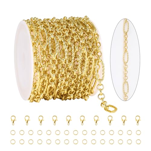 3M Mixed Material Chain Roll 18K Gold Plated Circle Chains Bulk | Embossed Paperclip Jewelry Links for Women Men DIY Handcraft Finding Jewelry Supplies - color: Small Circle Gold