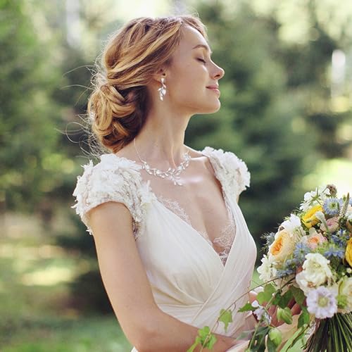 Cubic Zirconia Leaf Vine Wedding Jewelry Set for Bride Women Bridesmaid | Pear-Shaped Birthstone, Necklace Dangle Earrings for Bridesmaid, Silver-Plated-Brass - color: 2pcs_White Silver-Plated-Brass