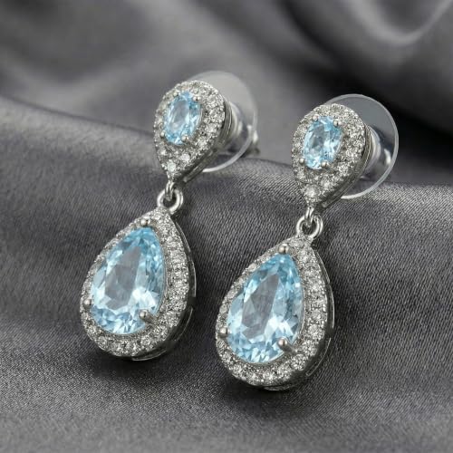 Mariell Cubic Zirconia Crystal Teardrop Dangle Bridal and Wedding Earrings, CZ Jewelry for Brides, Bridesmaids, Homecoming, Prom and Dressy Everyday Wear - color: Silver-Blue Cubic Zirconia