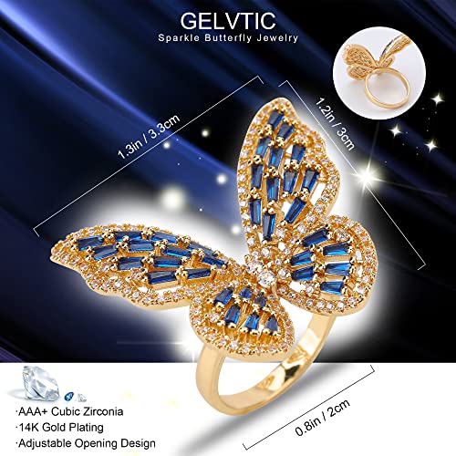 Butterfly Rings for Women Adjustable Golden Cocktail Ring Sparkly Stones Statement Silver Bow Open Wrap Bow Jewelry Bridesmaids Wedding Valentine’s Day Gift Lover Mother - color: JZ03-Gold Blue