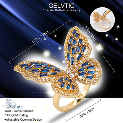 Butterfly Rings for Women Adjustable Golden Cocktail Ring Sparkly Stones Statement Silver Bow Open Wrap Bow Jewelry Bridesmaids Wedding Valentine’s Day Gift Lover Mother - color: JZ03-Gold Blue