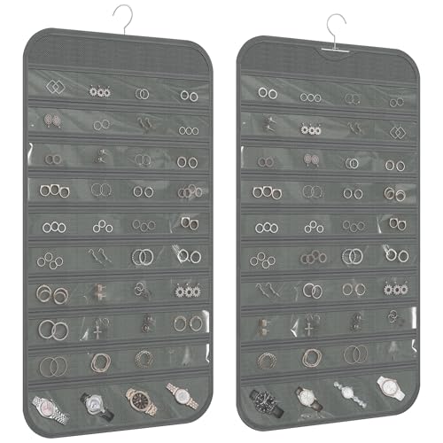 Hanging Jewelry Organizer 80-Pocket Double-Sided Storage, 1-Pack, Gray | Foldable clear PVC 80-pocket storage; swivel hook fits walls, doors & rods to organize earrings, necklaces, bracelets & rings - color: Gray