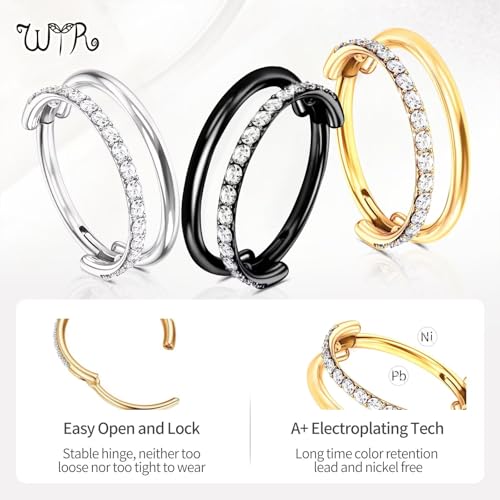 G23 Titanium Conch Piercing Jewelry Hoop: 16G 8mm/10mm/12mm Diamond Cartilage Earring Helix Double Piercing Hoop Septum Rings Hypoallergenic Nose Rings Hinged Segment Clicker Lip Rings Rook Daith Tragus Earrings - color: Gold-Double Layers, One Row CZ